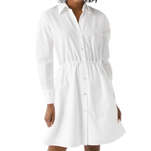 Vince Women Xs White 100% Cotton Drawcord Ruched Shirt Dress Long Sleeve Buttons